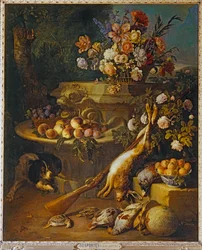 Gibier mort, fruits, fleurs et un chien - Martwa gra, owoce, kwiaty i pies ...