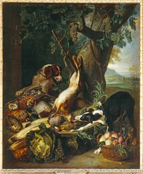 Gibier mort, legumes, fruits et deux chiens - Martwa zwierzyna, warzywa, owoce i dwa psy ...