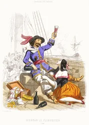 Kapitan Henry Morgan raczy się winem i kobietami w prawdziwie pirackim stylu, połowa XIX wieku (kolorowy grawerunek)