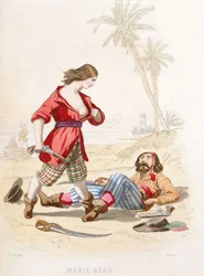 Mary Read pokazuje się pokonanemu wrogowi, połowa XIX wieku (kolorowa rycina)