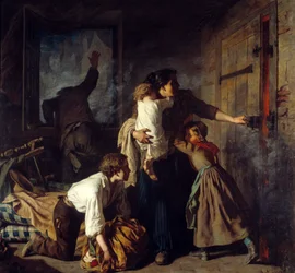 Scena pożaru. Rodzina tkwiąca w ich mieszkaniu próbuje uciec przed pożarem budynku. Ojciec rodziny woła o pomoc z okna. Obraz Aleksandra Antigna (1817 - 1878)