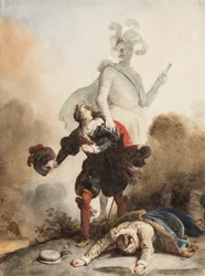 Don Juan et Leporello rencontrent la statue du Commandeur au cimetière (grafitowy, długopis i brązowy tusz z akwarelą na papierze, wzmocniony gumą arabską)