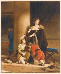 Elisabeth Woodville, królowa Anglii, żegna się ze swoimi synami, Edwardem V i Richardem, księciem Yorku, z rozpaczającym mężczyzną za kolumną