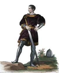 Portret Oliviera V autorstwa Clissona (1336-1407), francuski konstabl. ilustracja z „” Francuskiego Plutarcha”” Edmonda Mennechet