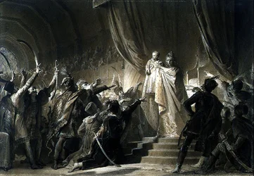 Cesarzowa Maria Teresa (1717-80) przedstawiająca przyszłego Józefa II magnatom węgierskim (grafit, sepia myje tuszem i gwasz na papierze)