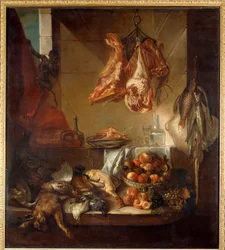 Wnętrze kuchni z martwą naturą z dziczyzną, owocami i mięsem. Obraz François Desportesa (1661-1743), XVIII wiek. Châlons-sur-Marne, Muzeum Sztuk Pięknych