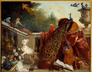 Zwierzęta, kwiaty i owoce. Pies, małpa grająca na skrzypcach, paw, papuga, rajski ptak, instrumenty strunowe. 1717. Słońce. 1,24 x 2,31 m. Grenoble, Musée des Beaux-Arts