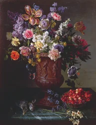 Kwiaty w rzeźbionej urnie z miską poziomek i zająca na półce, 1715