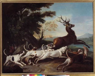 Polowanie: „Debuche du deer” Obraz Francois Desportes (1661-1743) 1718 Nd. 1,1x1,45 m Rouen, Muzeum Sztuk Pięknych