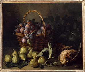 Martwa natura, figi i śliwki Malarstwo Francois Desportes (1661-1743) Paryż XVIII w., Sztuka dekoracyjna