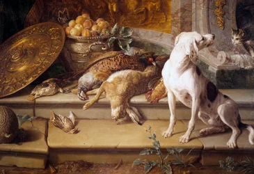 Martwa natura z psem myśliwskim i zwierzyną (zając, bażant, kuropatwa), detal. Obraz François Desportesa (1661-1743), XVIII wiek, Gien, Muzeum Łowiectwa