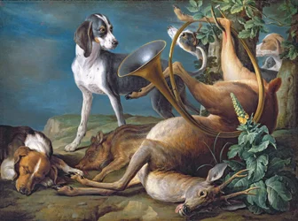 Martwa natura z martwą zwierzyną i psami myśliwskimi, 1730
