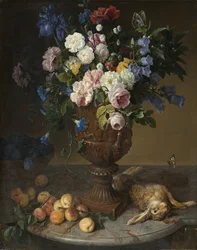 Urna z kwiatami, owocami i zającem, 1715