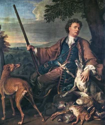 Francuski: Portrait de M. Desportes peint par lui-même avec du gibier mort à ses pieds (Portret artysty jako myśliwego) Autoportret w stroju myśliwskim