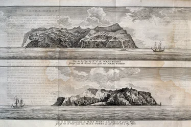 Widok wyspy Alejandro Selkirk lub wyspy Más Afuera, archipelag Juan Fernández, Chile, rycina