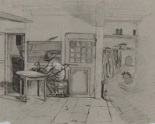 Wnętrze wiejskiego domu z chłopcem przy stole, ok. 1900 r. 1846.