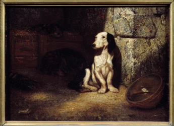 Czarno-biały basset przy budzie. Z boku miska napełniona wodą. 1849. Słońce. 0,25 x 0,35 m
