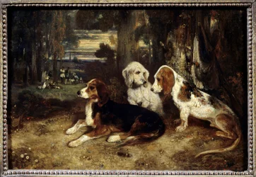 Odpoczywające psy myśliwskie Obraz Alexandre Gabriel Decamps (1803-1860) 1839 Nd. 0,26x0,37 m Paryż, Muzeum Luwru.