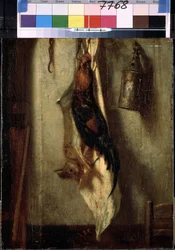 "Martwa natura koguta i zająca, zawieszona na haczyku i latarnia" Obraz Alexandre-Gabriela Decampsa (Alexandre Gabriel) (1803-1860) XIX w. Wymiary 28x24 cm Ermitaż, Sankt Petersburg (Petersburg)