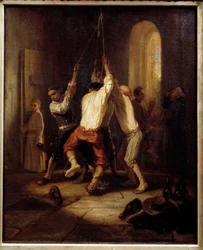 Dzwonki. Mężczyźni ciągną za linę, by dzwonić w dzwony. Obraz Alexandre Gabriel Decamps (1803-1860)