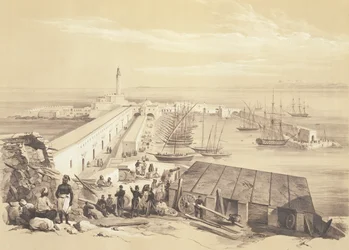 Port i molo w Algierze, z tomu upamiętniającego francuskie siły ekspedycyjne, które zdobyły Algier w 1830 r., ryty przez Adolphe Jean-Baptiste Bayot (1810-66)