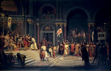 Pierwsza krucjata: Gotfryd z Bouillon (1061-1100), książę Dolnej Lotaryngii, składa w Konstantynopolu przysięgę wierności cesarzowi bizantyjskiemu Aleksemu Komnenowi