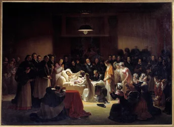 Ostatnie chwile księcia Berry (1778 - 1820) w Operze Paryskiej w otoczeniu Ludwika XVIII i rodziny królewskiej. Obraz Alexandre Menjauda (1773 - 1832)