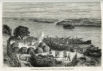 Obóz wzmacnia ekspedycję, aby chronić się przed kanibalami Mouana Ntaba, w pobliżu rzeki Leopold (Kongo), rys. A.De Bar, aby zilustrować historię „Przez tajemniczy kontynent”, podróż odbytą w latach 1874-1877 przez Sir HM Stanleya. Grawerowanie
