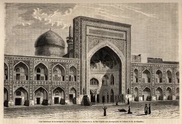 Wewnętrzny dziedziniec meczetu Imama Aly Rizy a Mashhad, rys. A. de Bar, ilustrujący podróż do Chorasanu (Chorasan, Chorasan lub Chorasan) w 1858 r., autorstwa N. de Khanikof. Grawer w „Le tour du monde” 1861. Kolekcja Selvy.