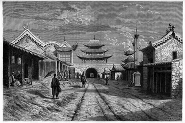 Widok z ulicy na “Youn Tchen Sian”, Chiny. Rycina wg rysunku A. de Bara, w „Le Tour du Monde, Nouveau journal des Voyages”, pod redakcją Edouarda Chartona, Paryż