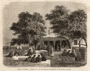 Widok kawiarni w La Marsa (Tunis), rysunek A.de Bar, ilustrujący podróż do Tunisu w 1859 roku autorstwa Amable Crapeleta. Grawerowanie w „”Le tour du monde””, pod redakcją Edouarda Chartona