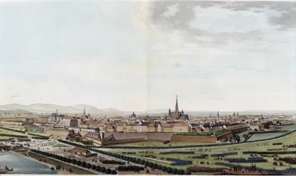 Widok ogólny Wiednia z kościoła św. Karola - w „Picturesque Voyage to Austria by Count Alexandre de Laborde”, Paryż, wyd. Didot starszy
