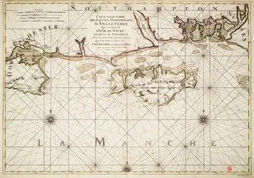 Mapa angielskiego wybrzeża, wyspy Wight i portu Portsmouth