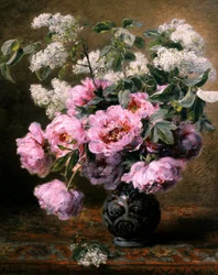 Martwa natura z letnich kwiatów z piwonii i bzu. Obraz autorstwa Alexisa Kreydera (1839-1912) Kolekcja prywatna.
