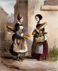 Małe metiers: piekarnia. Młody chodzący kupiec chleba. Rycina Alfreda Andre Geniole (1813-1861) z „Les femmes de Paris” 1841-1842 Paryż, Musee Carnavalet