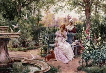 Zwierzęta Jej Pani. Dwie młode dziewczyny w ogrodzie kwiatowym z psem przy fontannie z gołębiami. Obraz autorstwa Alfreda Augustusa I Glendeninga (ur. 1861 - zm. 1903 w Wielkiej Brytanii). Prerafaelizm (sztuka prerafaelitów). Kolekcja prywatna