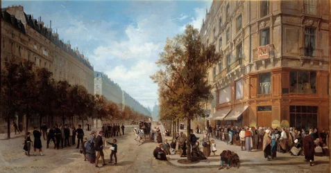 Oblężenie Paryża: „Kolejka przed drzwiami sklepu spożywczego (Félix Potin) na rogu Rue Réaumur i Boulevard de Sébastopol w listopadzie 1870 roku”. Obraz Alfreda Decaena (1820-1893), 1870. Wymiary 1 x 0,7 m. Paryż, Musée Carnavalet