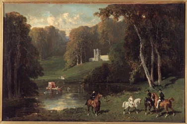 Jeźdźcy i Amazonki nad brzegiem jeziora Obraz Alfreda de Dreux (1810-1860) XIX w. nd. 0,43x0,65m²