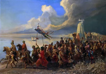 Pielgrzymka do tzw. świętych miejsc miasta Mekka w Arabii Saudyjskiej - Hadżdż - obraz Alfreda (Edme-Alexis-Alfred) DEHODENCQ (1822-1882) - kolekcja prywatna -