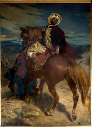 Rekonkwista: „”Pożegnanie króla Boabdila z Grenadą”” Król Boabdil (Abu Abd Allah) przekazał klucze miasta hiszpańskim władcom dnia 01.02.1492. Obraz Alfreda Dehodencqa (1822-1882) XIX wiek. Ciemny. 3,7x2,7m. Paryż, Muzeum Orsay