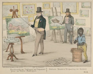 Vive la France, Sprzedawcy obrazów przygotowujący się do publicznej sprzedaży obrazów, 1840.