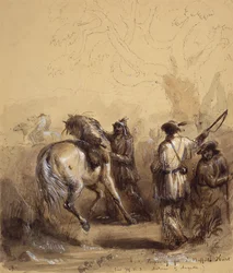Sir W.D.S., Antoine i Auguste lub Przygotowanie do polowania na bizony, ok. 1837 (pióro i atrament, pranie i gwasz na papierze)