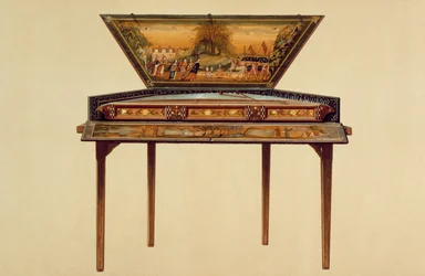 Młotkowane cymbały w malowanej puszce rezonansowej, XVIII w., z „Instrumenty muzyczne” (kolorowa lito)