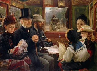Omnibus Ride to Piccadilly Circus, pan Gladstone podróżujący ze zwykłymi pasażerami, 1885