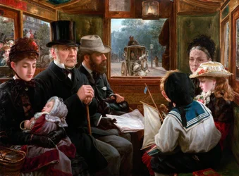 Przejazd Omnibusem na Piccadilly Circus Pan Gladstone podróżujący ze zwykłymi pasażerami, 1885.