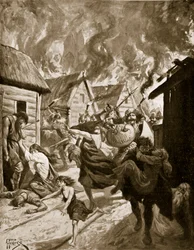 Canterbury spalone przez Duńczyków, 851 rne, ilustracja z „Historii narodu brytyjskiego Hutchinsona”, ok. 1920 r. (litografia)