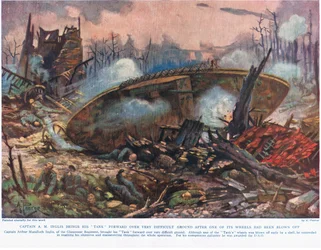 Kapitan A.M. Inglis wprowadza swój czołg na bardzo trudny teren po tym jak jedno z jego kół zostało odstrzelone, ilustracja z "Deeds that Thrill the Empire", opublikowana przez Hutchinson und Co, c.1