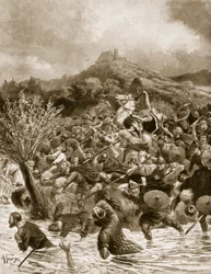 Król Penda zabity na polu pod Winwaed, 655, ilustracja z książki „Hutchinson