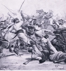 Klęska Nicholsona nad buntownikami pod Nadżafgarh, 2 sierpnia 1857, ilustracja z brytyjskich bitew na lądzie i morzu, 1915