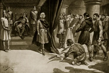 Chłopi rzucający lemieszami u stóp Henryka I, ilustracja z „Hutchinson